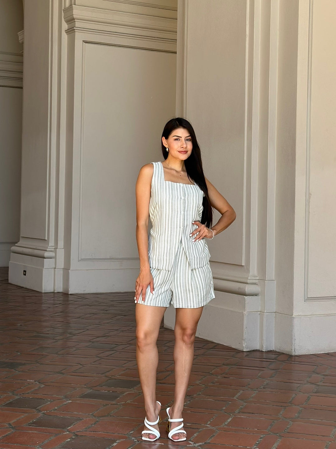 Linen Stripe Pocketed Shorts And Vest Set