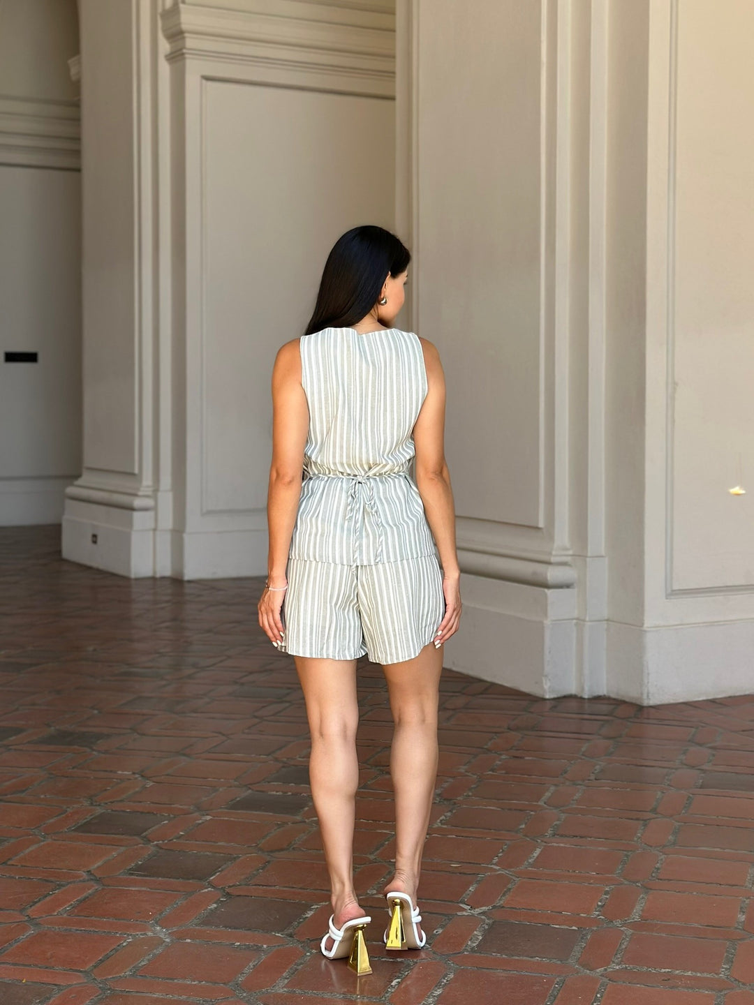 Linen Stripe Pocketed Shorts And Vest Set