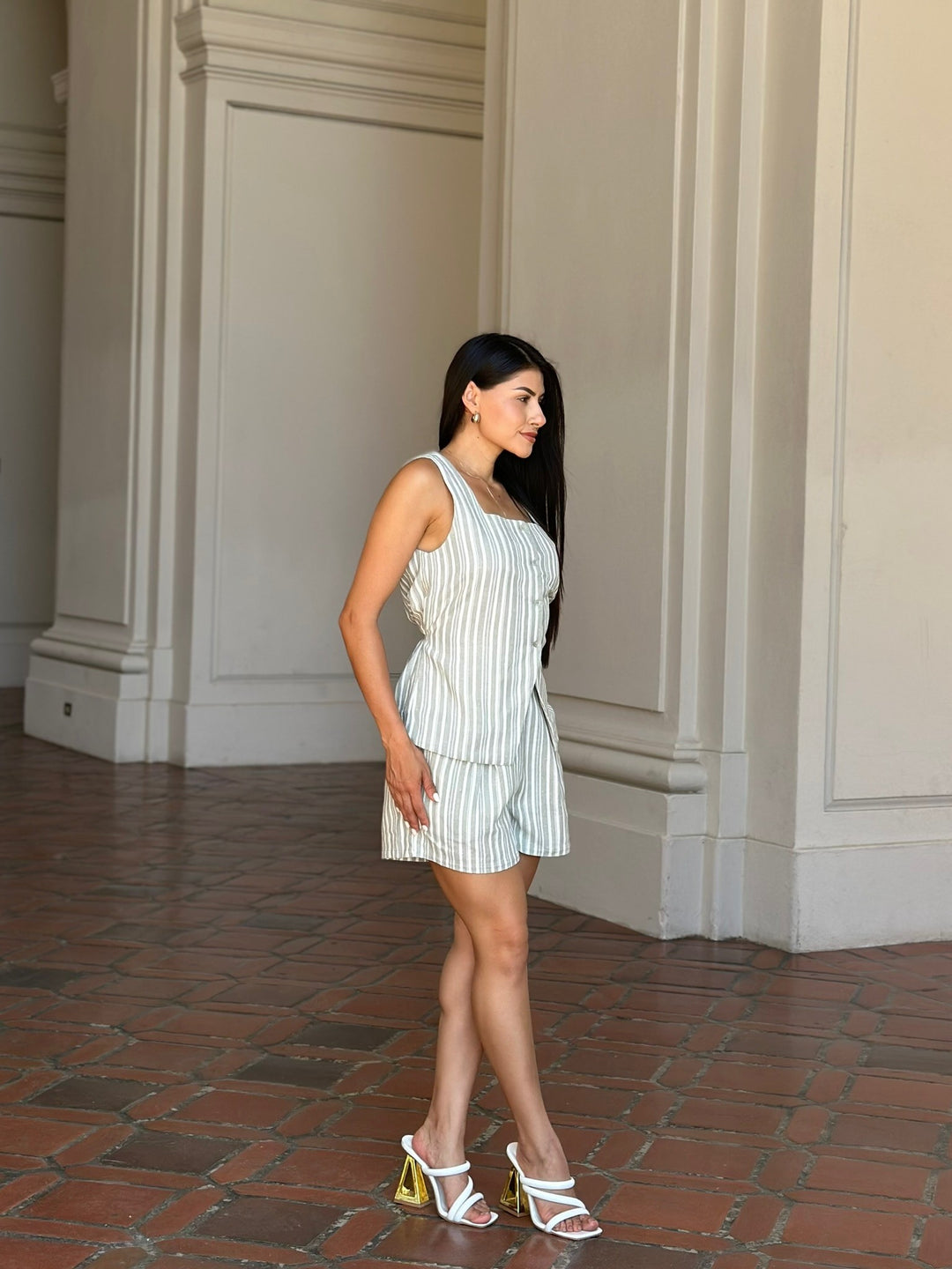 Linen Stripe Pocketed Shorts And Vest Set