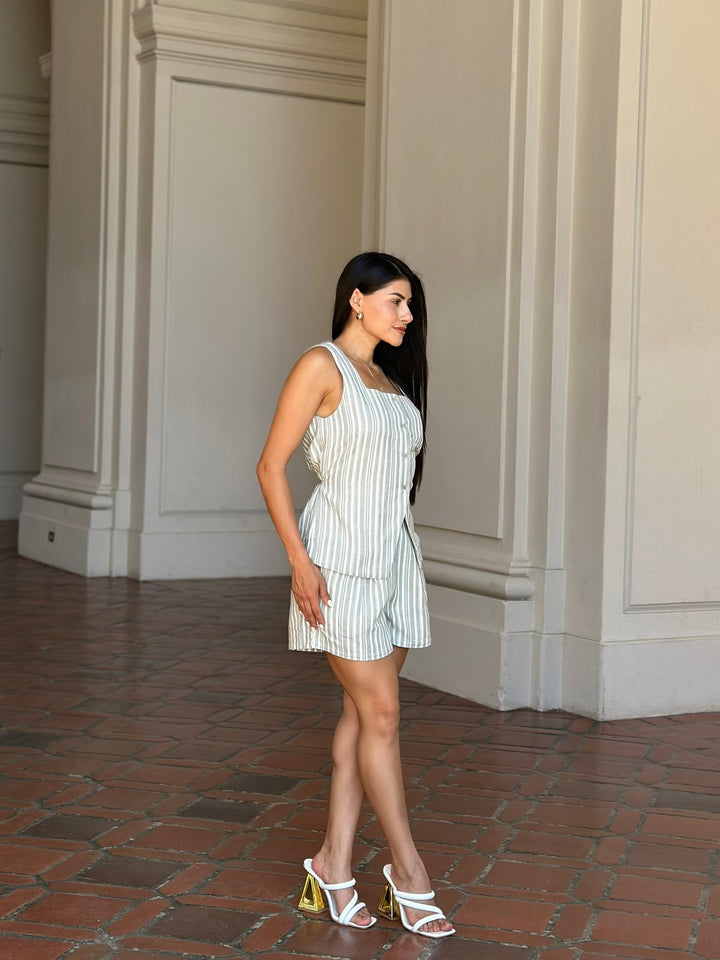 Linen Stripe Pocketed Shorts And Vest Set
