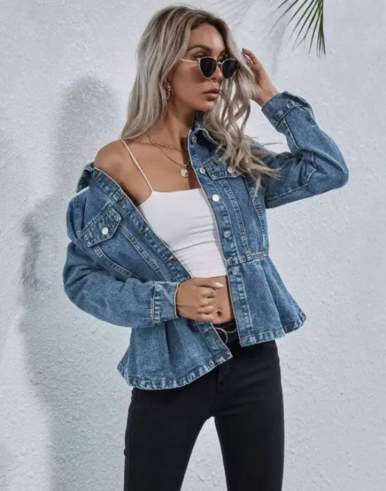 Blue Peplum Denim Jacket