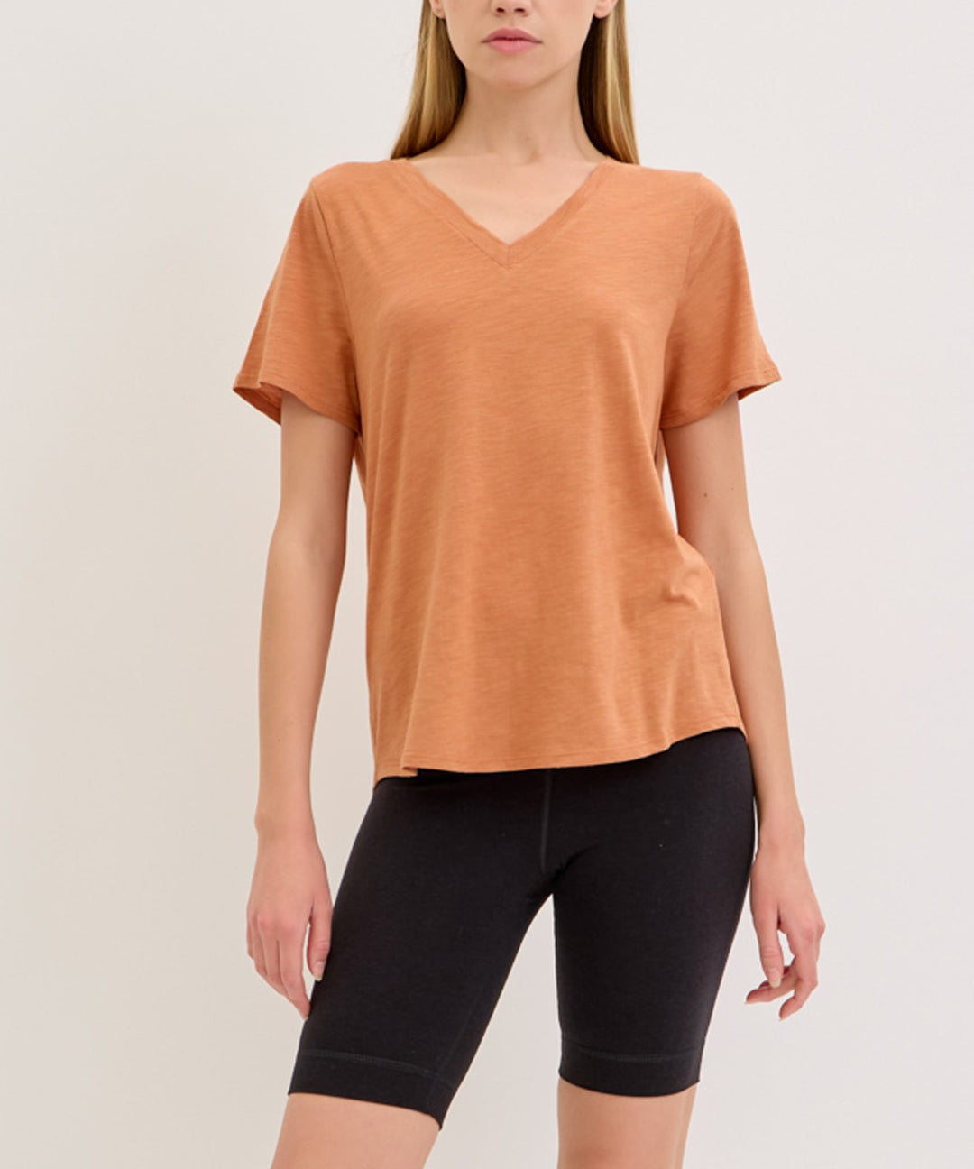 Rust Bamboo Cotton Slub V Neck Short Sleeve