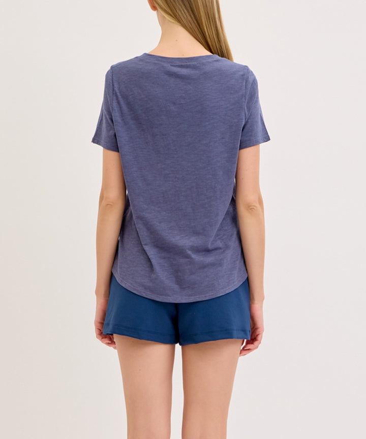 Navy Bamboo Cotton Slub V Neck Short Sleeve