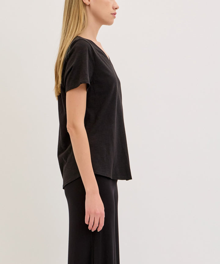 Taupe Bamboo Cotton Slub V Neck Short Sleeve