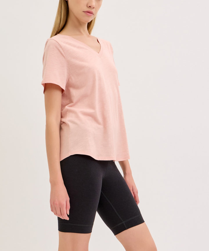 Navy Bamboo Cotton Slub V Neck Short Sleeve
