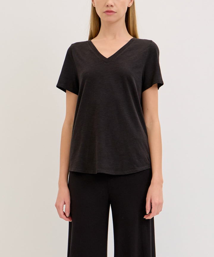 Olive Bamboo Cotton Slub V Neck Short Sleeve