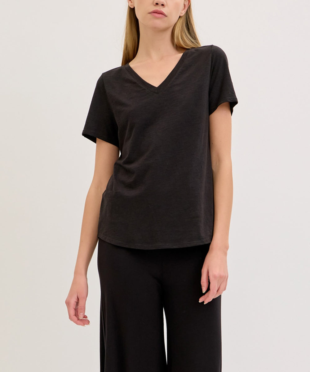 Black Bamboo Cotton Slub V Neck Short Sleeve