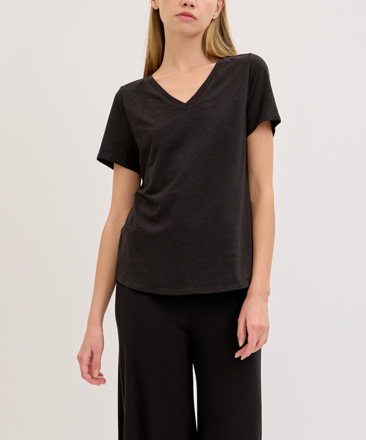 Black Bamboo Cotton Slub V Neck Short Sleeve