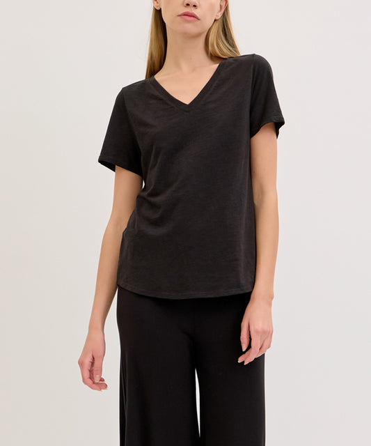 Black Bamboo Cotton Slub V Neck Short Sleeve