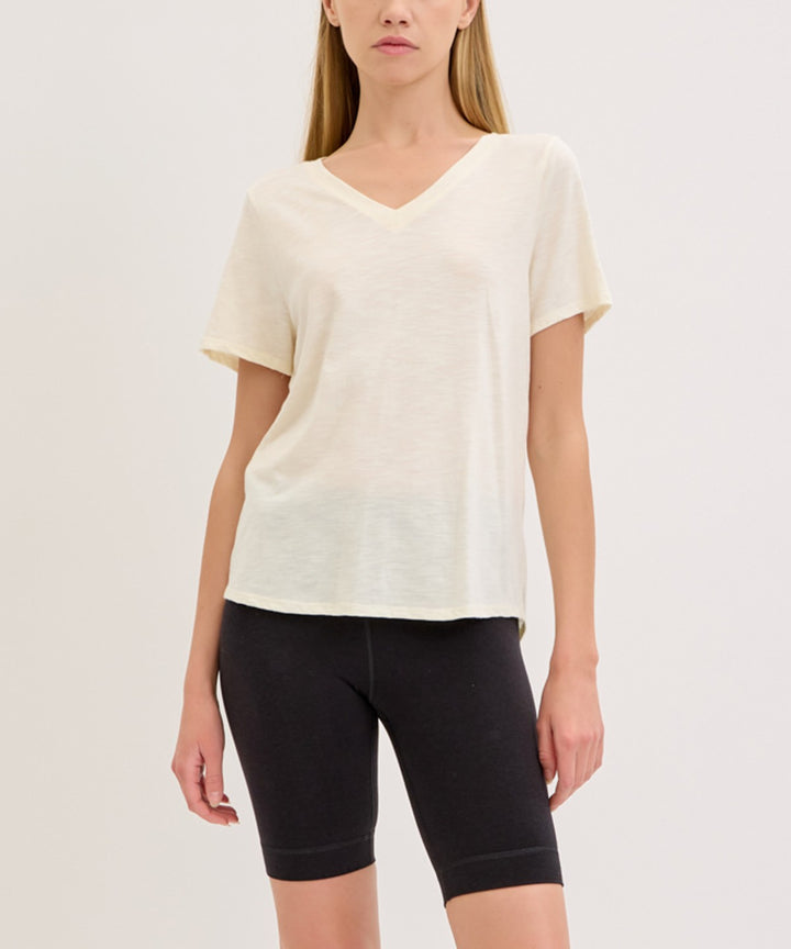 Mauve Bamboo Cotton Slub V Neck Short Sleeve