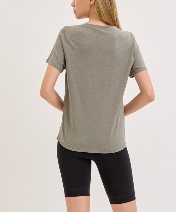 Rust Bamboo Cotton Slub V Neck Short Sleeve