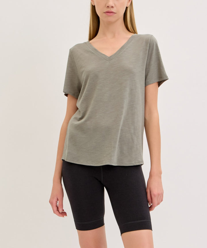 Black Bamboo Cotton Slub V Neck Short Sleeve