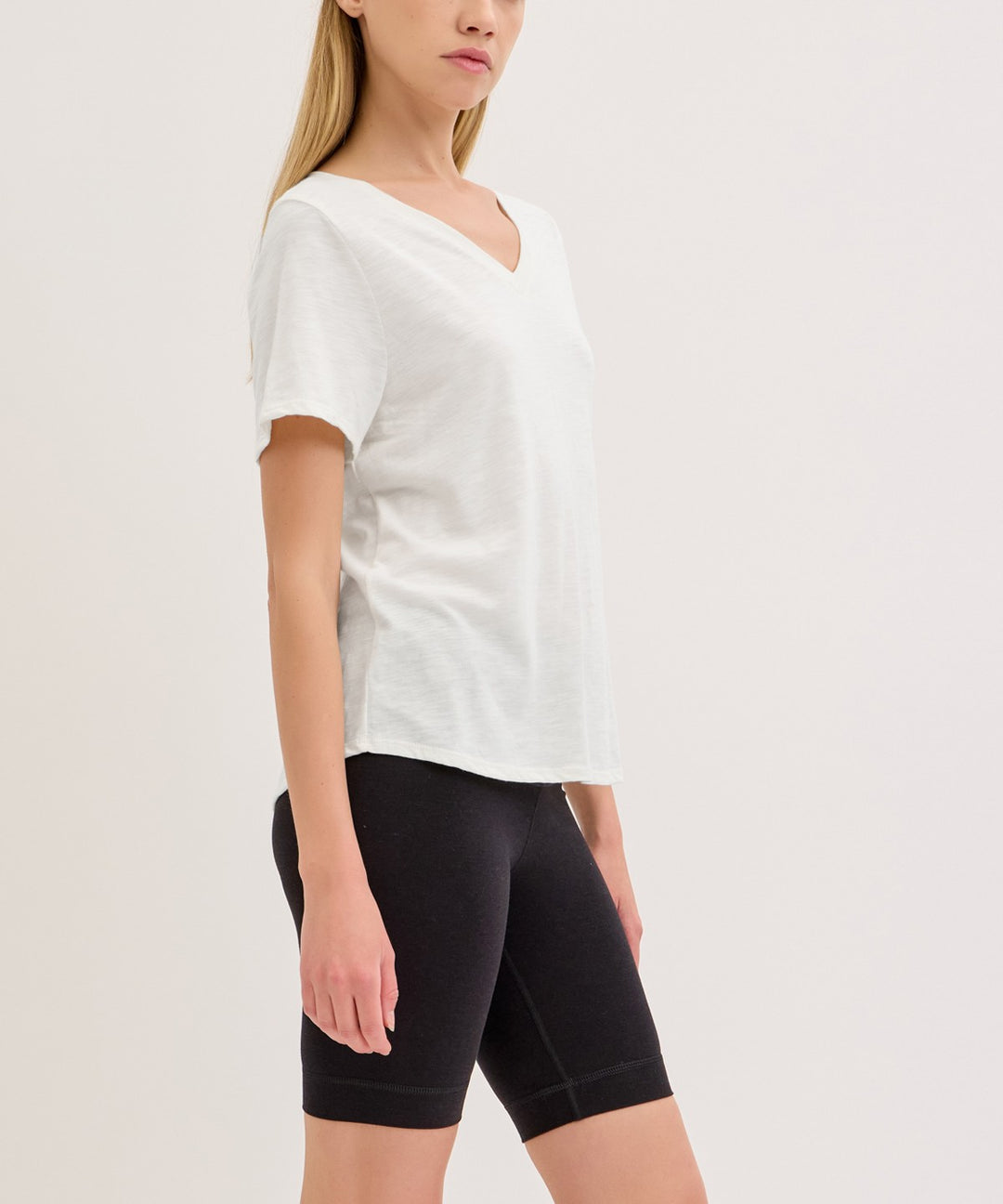 Black Bamboo Cotton Slub V Neck Short Sleeve