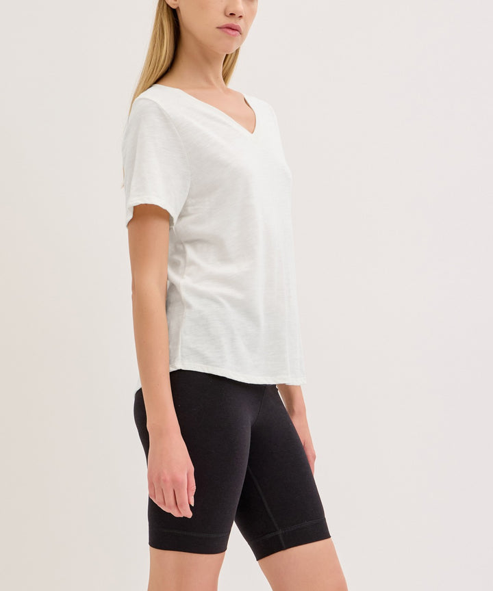 Black Bamboo Cotton Slub V Neck Short Sleeve