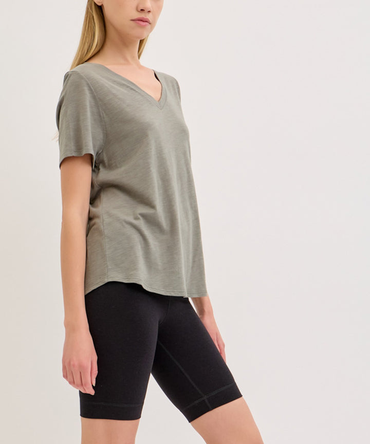 Olive Bamboo Cotton Slub V Neck Short Sleeve