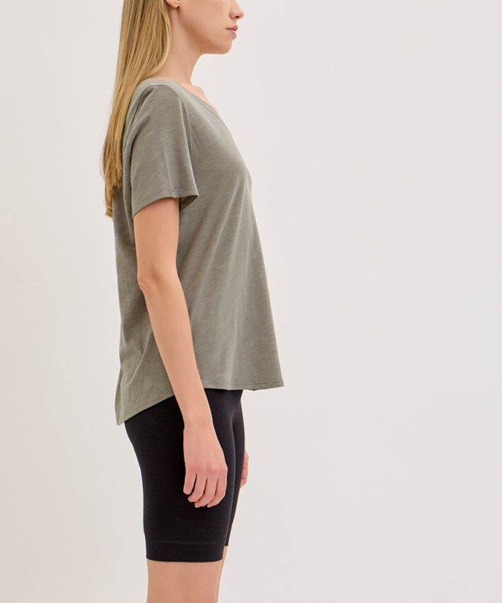 Olive Bamboo Cotton Slub V Neck Short Sleeve