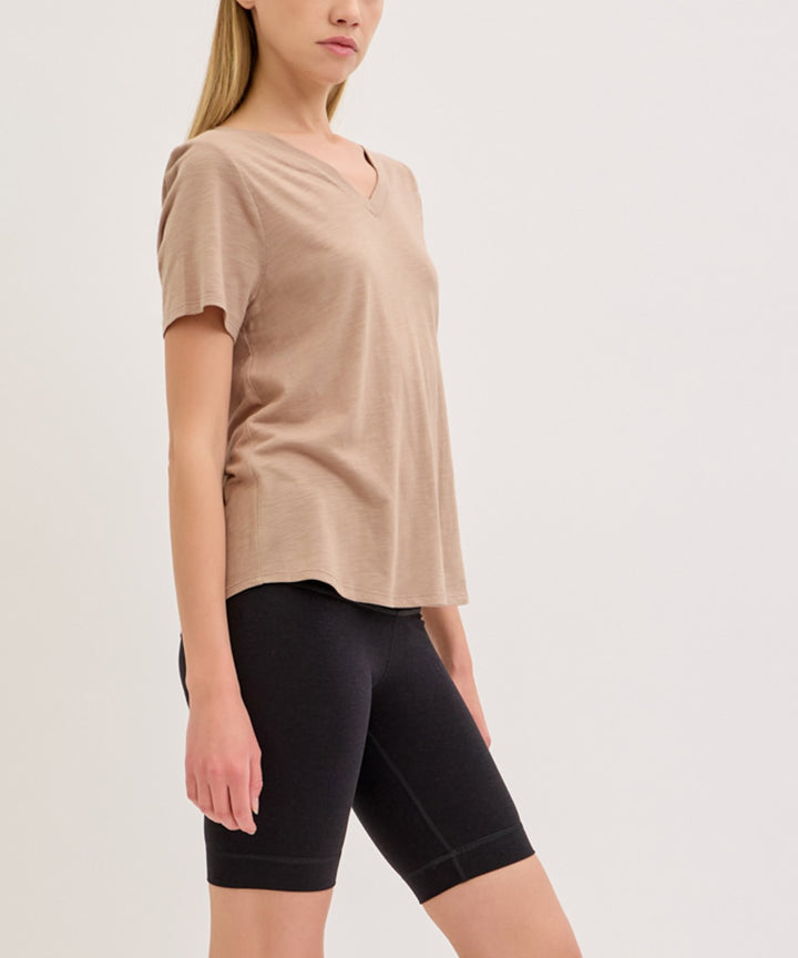 Olive Bamboo Cotton Slub V Neck Short Sleeve