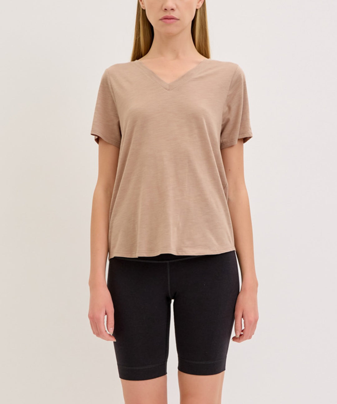 Mauve Bamboo Cotton Slub V Neck Short Sleeve