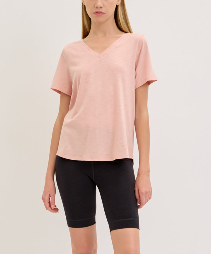 Black Bamboo Cotton Slub V Neck Short Sleeve