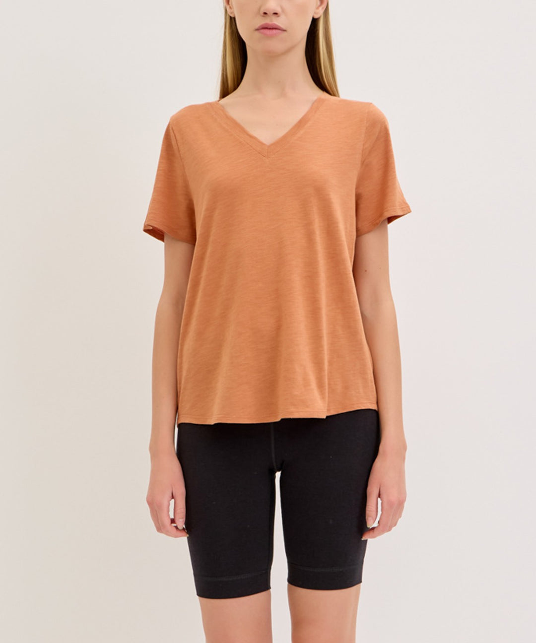 Mauve Bamboo Cotton Slub V Neck Short Sleeve