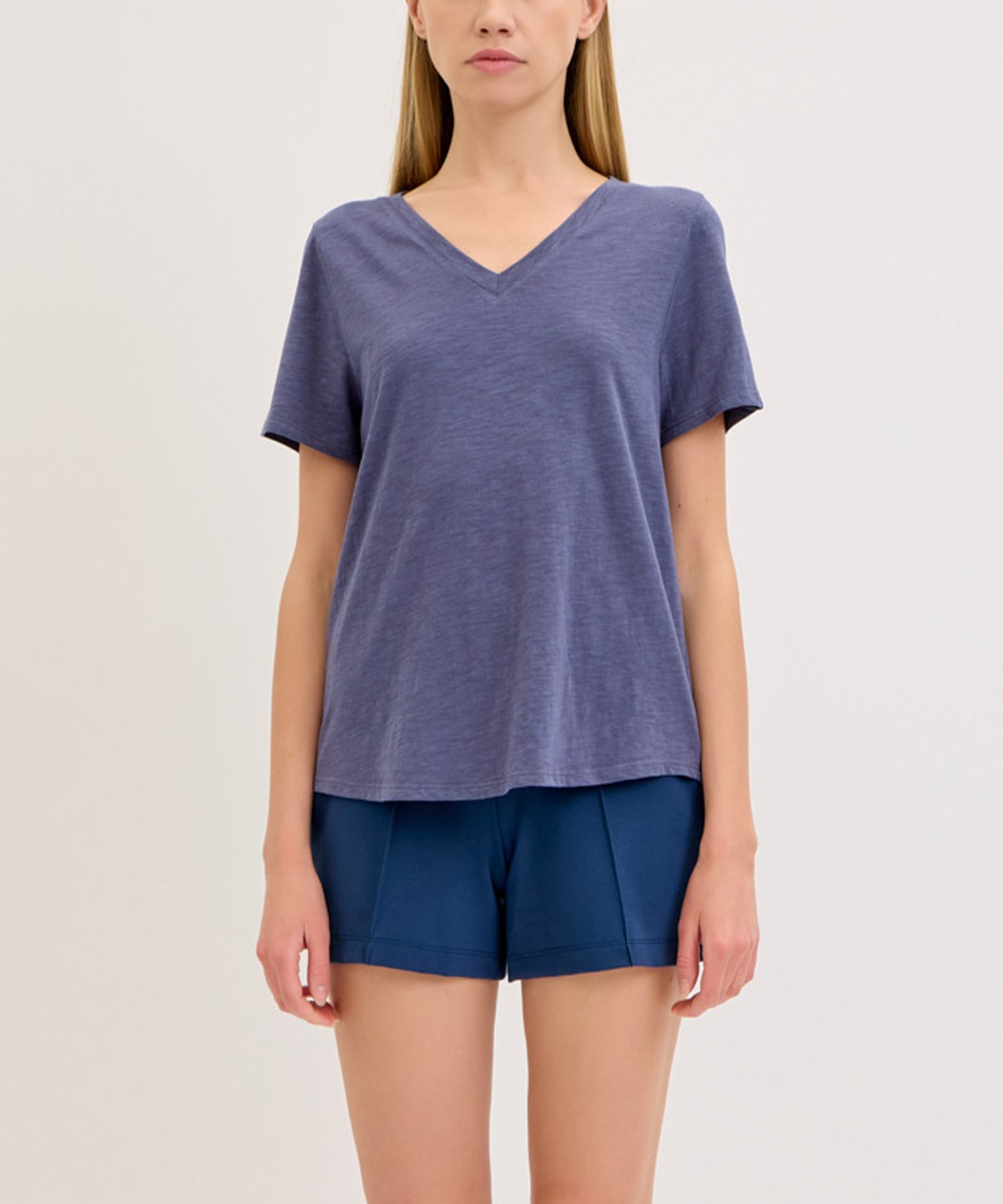 Black Bamboo Cotton Slub V Neck Short Sleeve