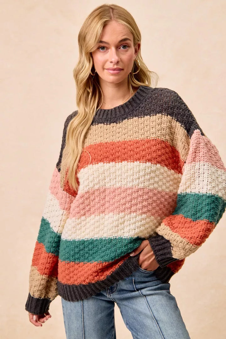 Charcoal/Teal Combo Bibi Stripes Color Block Chunky Sweater
