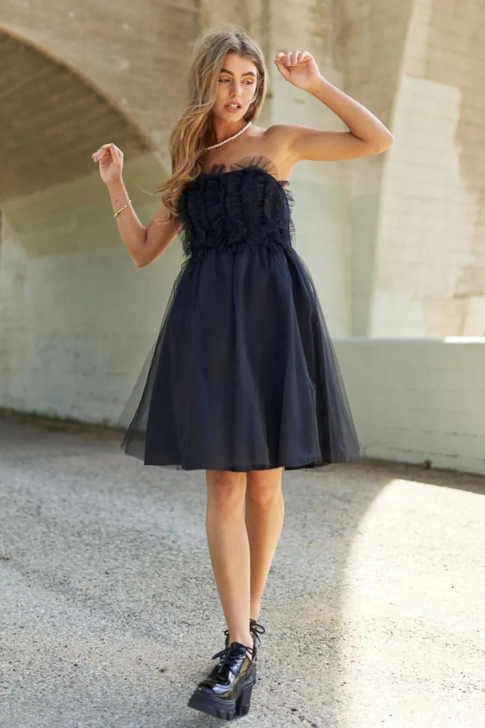Black J Nna Mesh Ruffle Tube Top Swing Dress