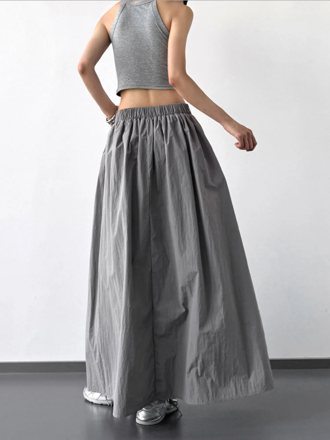 Grey Pleated Linen Maxi Skirt
