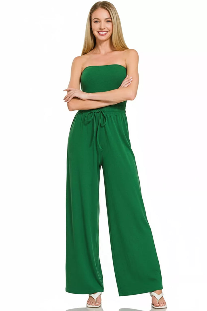 Dk Green Zenana Tube Top Jumpsuit With Drawstring Waist 3