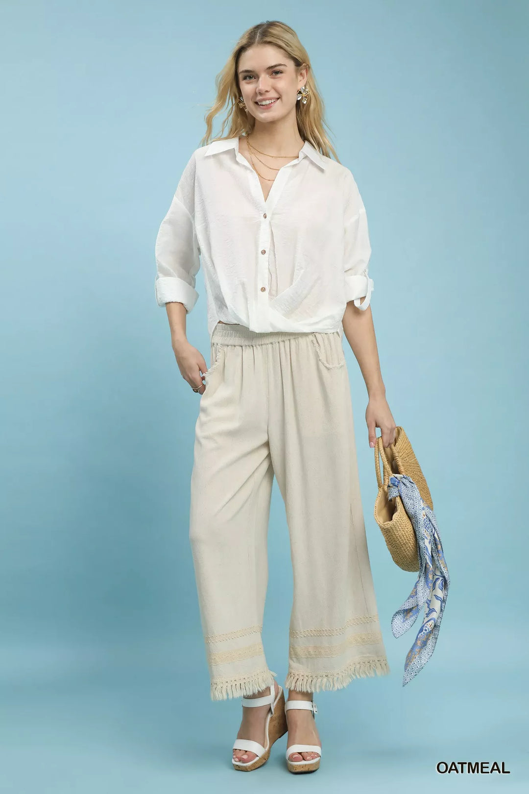 Umgee Lace Trim Fringe Hem Wide Leg Pants 1