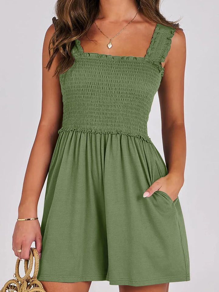 Emerald Green Smocked Square Neck Summer Romper