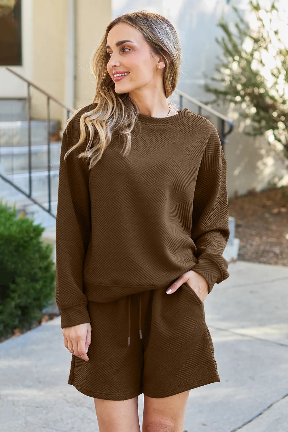 Chestnut Double Take Full Size Texture Long Sleeve Top And Drawstring Shorts Set
