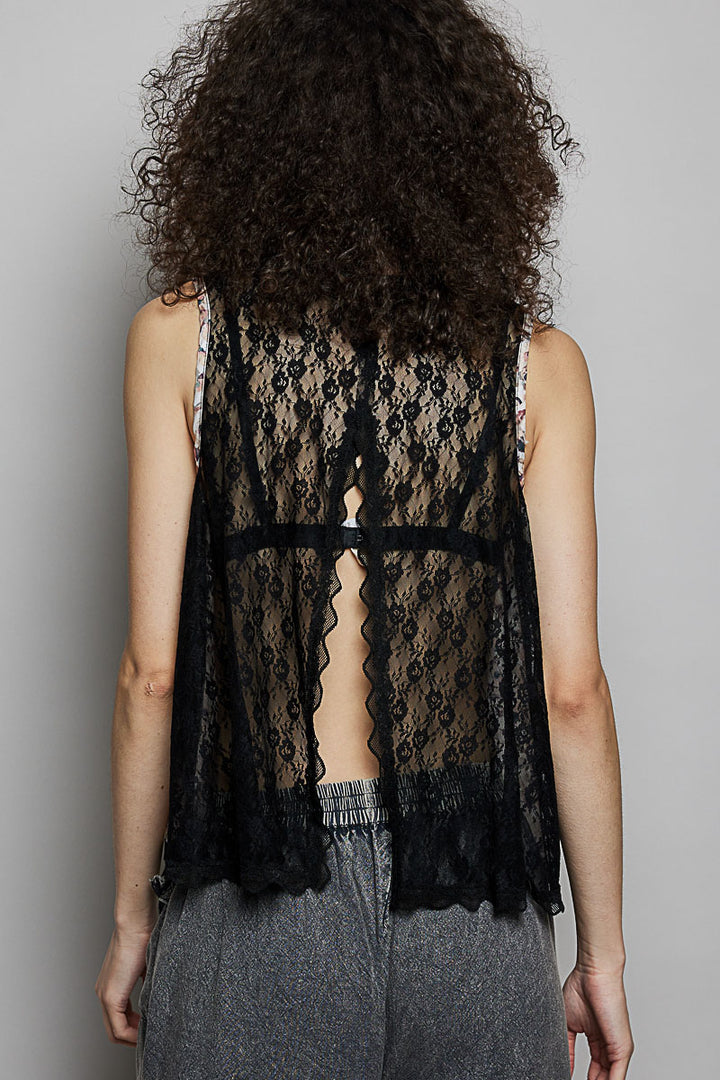 Pol Printed Woven Lace Back Round Neck Sleeveless Top