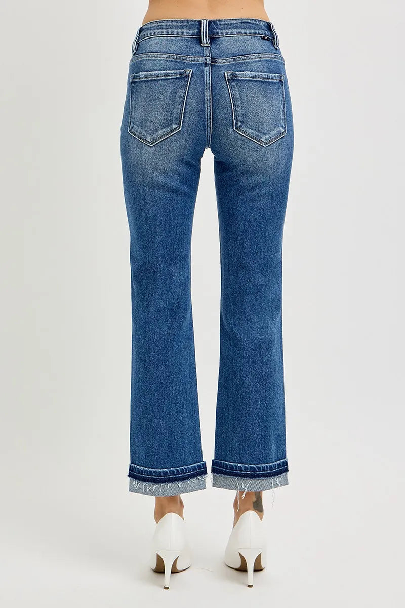 Dark Risen Mid Rise Ankle Straight Cuffed Jeans