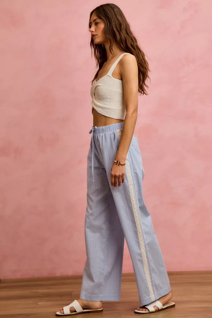 So Me Wide Check Pants With Side Lace Trim And Piping