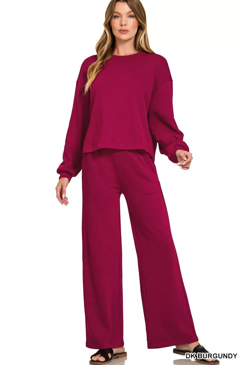 Dk Burgundy Zenana French Rib Pullover And Pants Set 5