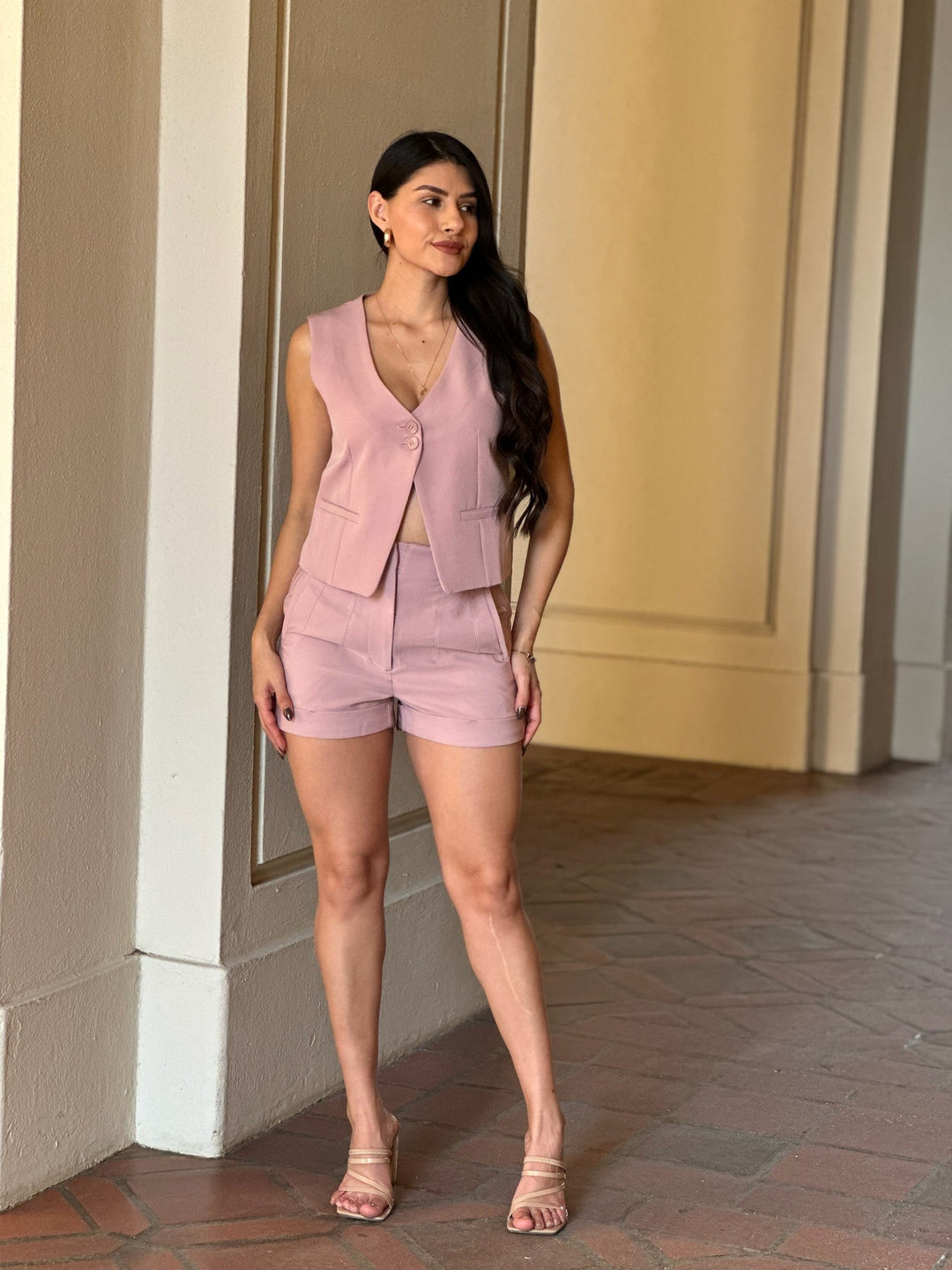 Mauve Two Button Solid Dressy Vest With Adjustable Back 1
