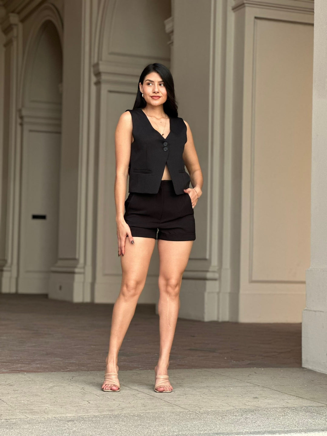 Black Two Button Solid Dressy Vest With Adjustable Back 1