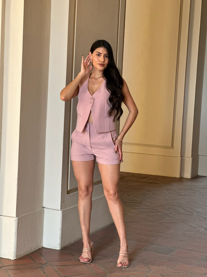 Mauve Two Button Solid Dressy Vest With Adjustable Back