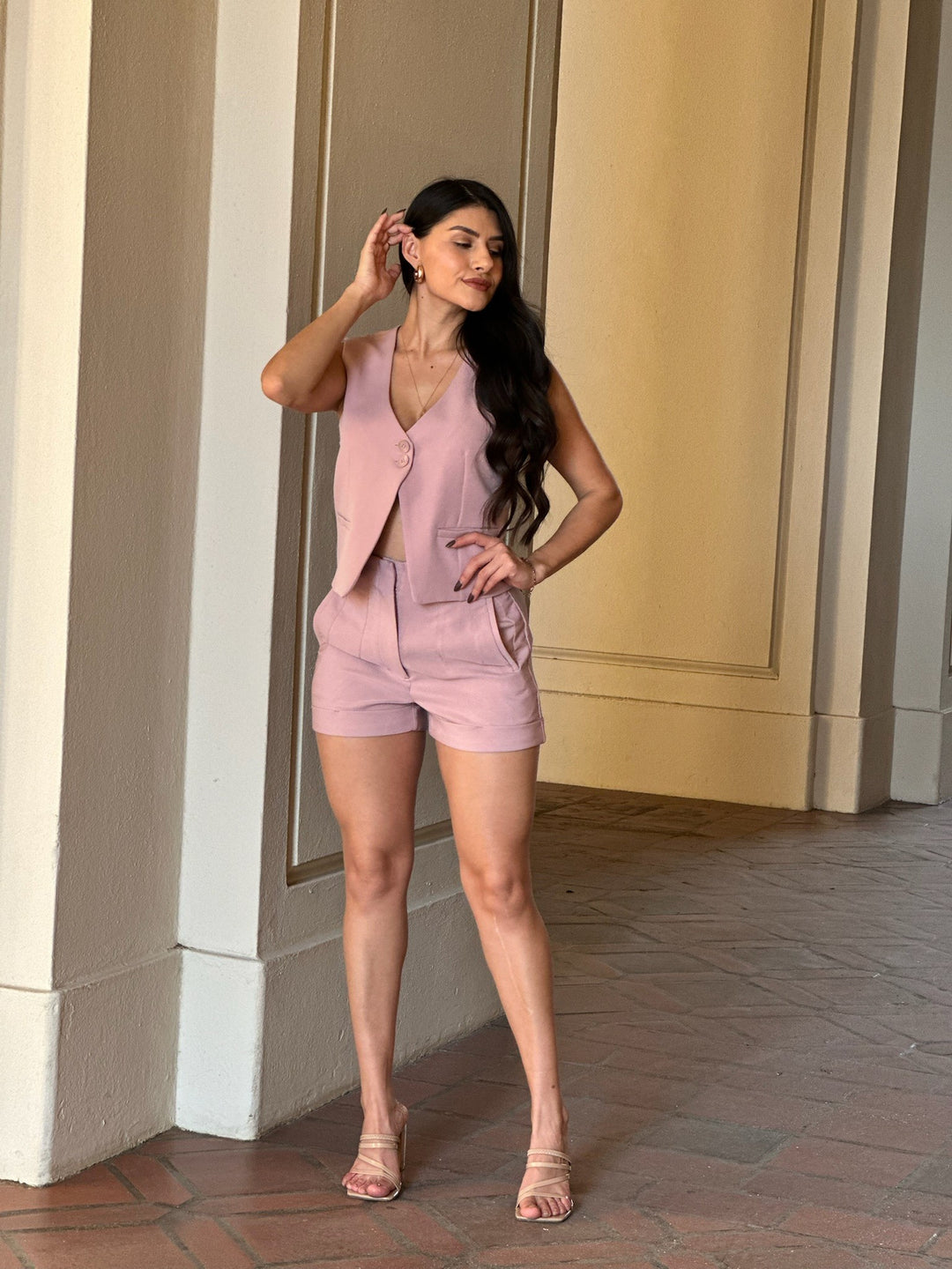 Hot Pink Two Button Solid Dressy Vest With Adjustable Back 4