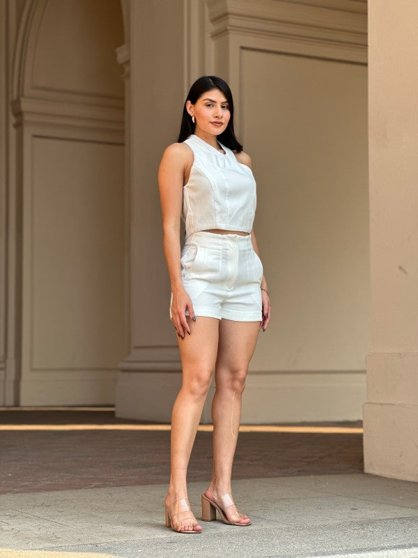 One Shoulder Crop Top High Waist Pleated Shorts