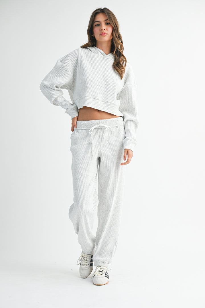 White Drawstring Ribbed Lounge Pants