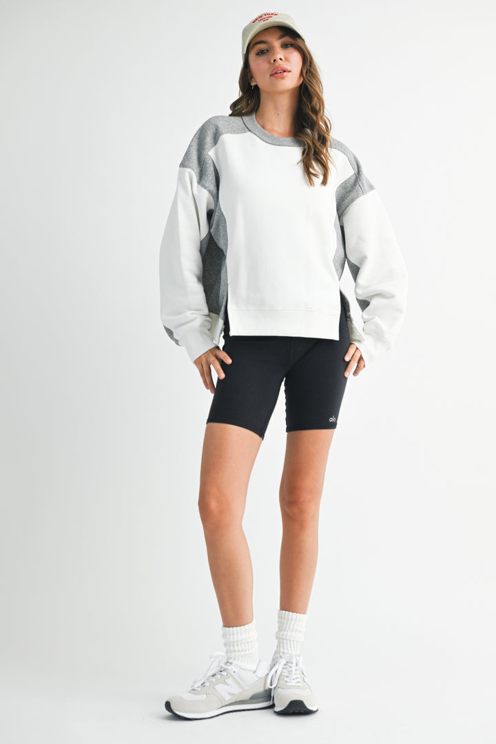 White Pink Colorblock Terry Pullover Sweatshirt