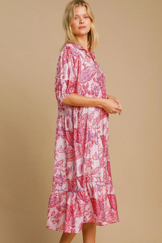 Pink Mix Umgee Full Size Ruffled Hem Floral Paisley Print Half Sleeve Midi Dress Plus Size