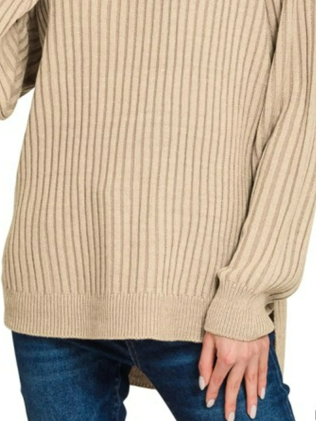 Lt Mocha Zenana Curved Hem Two Tone Ribbed Sweater