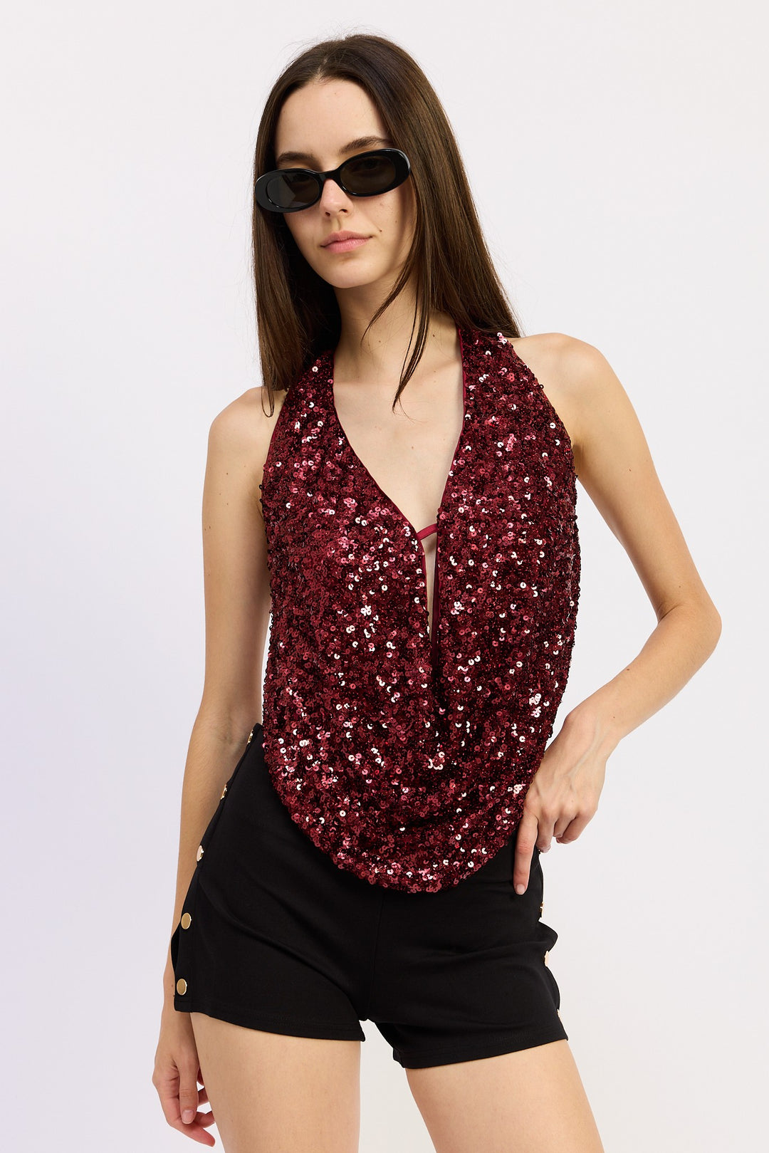 Sequin Cowl Drape Halter Top