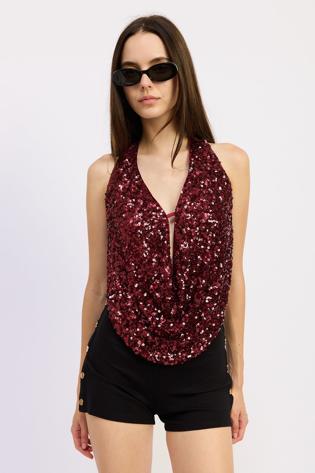 Sequin Cowl Drape Halter Top