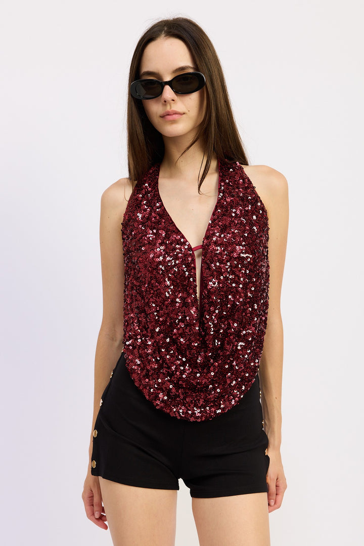 Sequin Cowl Drape Halter Top