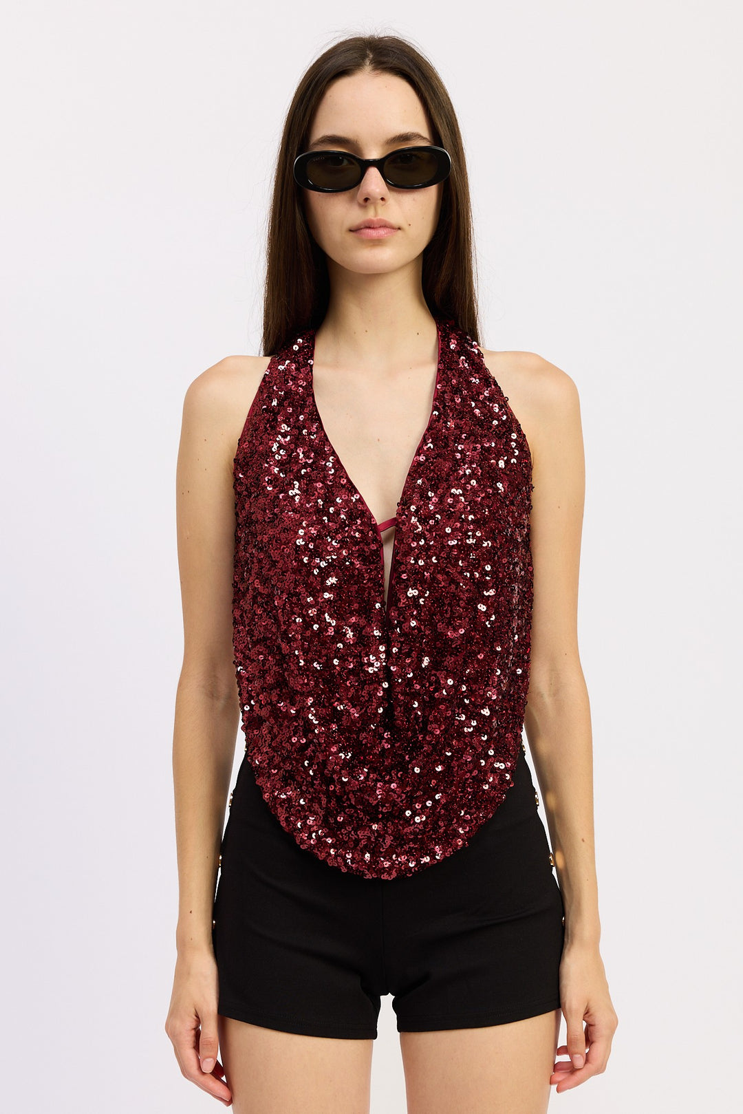 Sequin Cowl Drape Halter Top