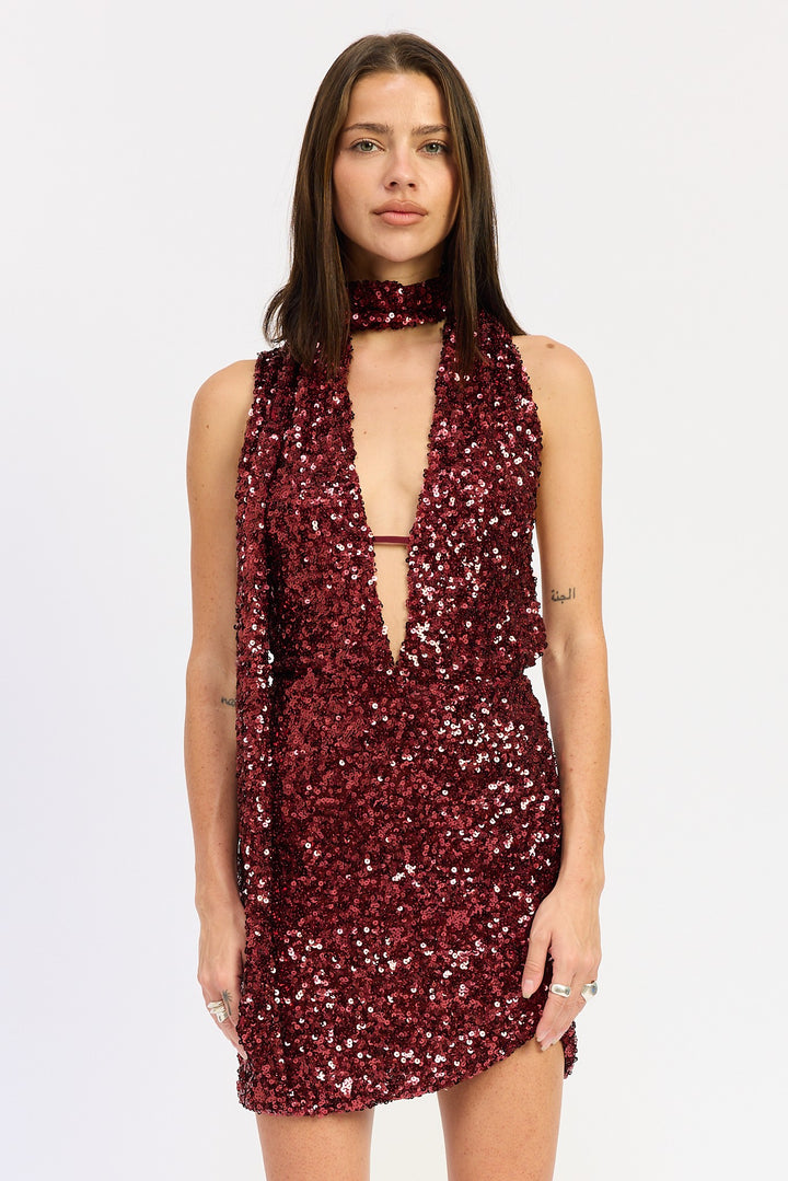 Cherry Sequin Halter Scarf Mini Dress